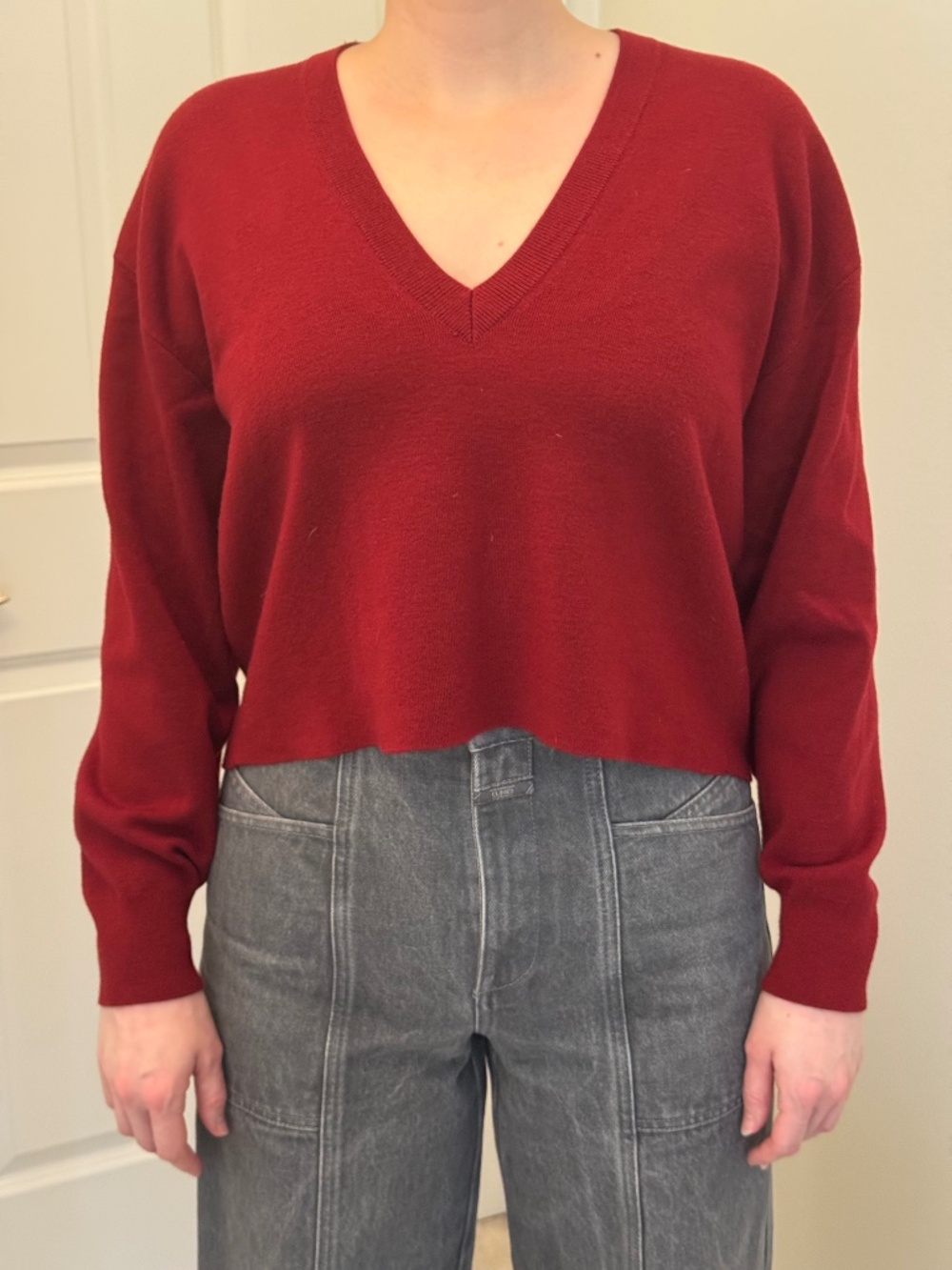 Thakoon Deep V Neck Red Cropped Sweater - Small - Wool Blend